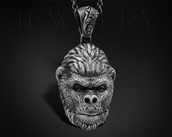 Oxidized Sterling Silver Gorilla Pendant, Hippie Ape Necklace