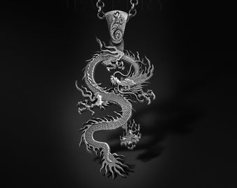 Sterling Silver Chinese Dragon Pendant Necklace, Engraved Mythology Jewelry