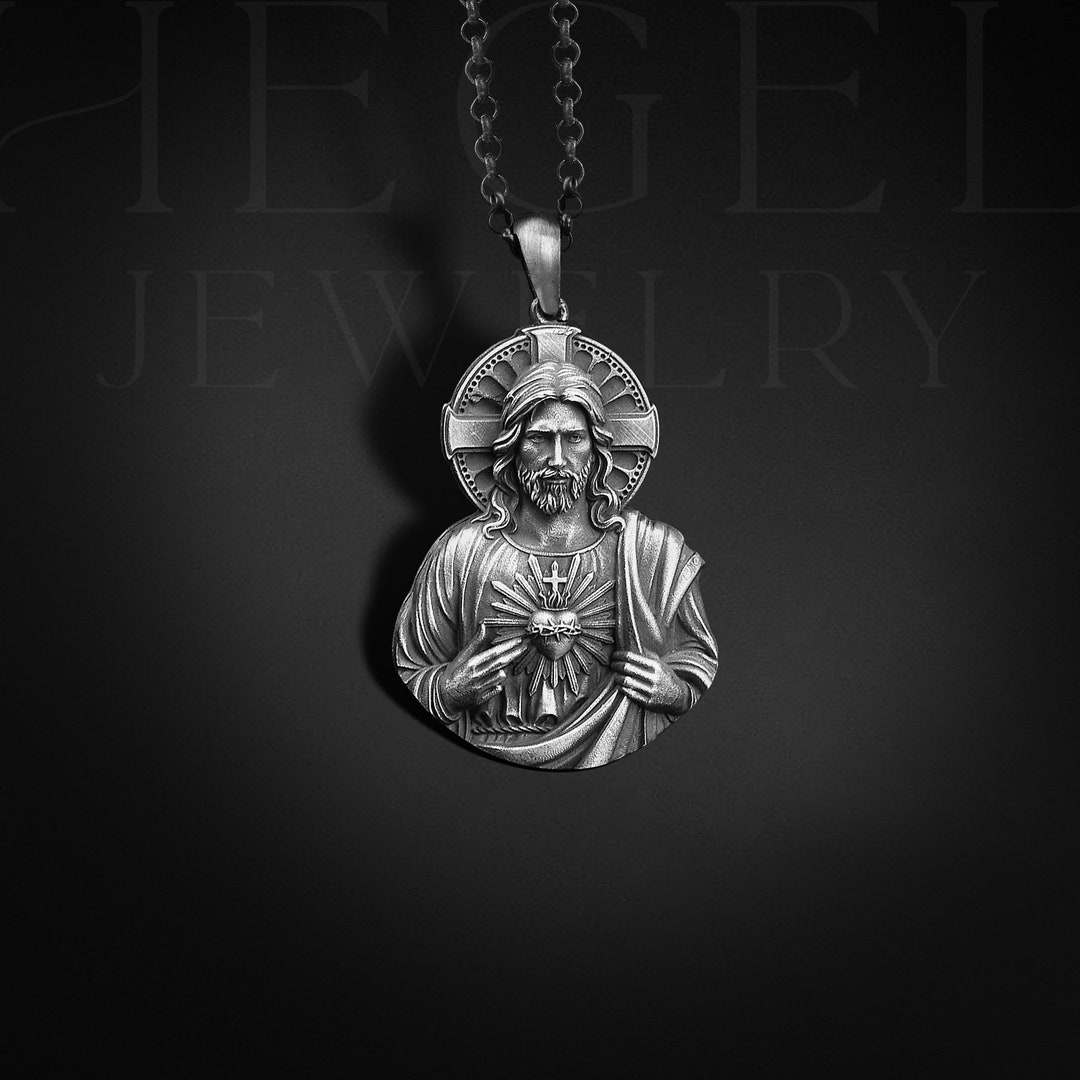 Oxidized Sterling Silver Sacred Heart of Jesus Necklace - Etsy