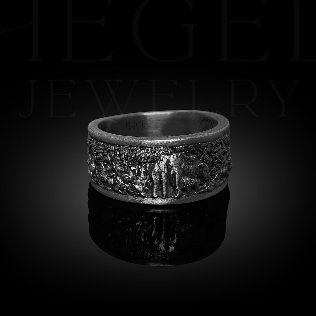 Elephant Family in the Forest Ring, Animal Ring for Mama, Unique Mens Nature Wedding Band Ring