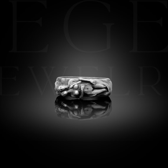 Sterling Silver Couple Hugging Ring, Unique Lover's Band