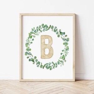 Letter B gold and eucalyptus wreath digital download