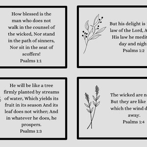 May include: Four black and white printable cards with floral illustrations and bible verses from Psalms 1:1-4. The text on the cards reads: "How blessed is the man who does not walk in the counsel of the wicked, Nor stand in the path of sinners, Nor sit in the seat of scoffers! Psalms 1:1", "But his delight is in the law of the Lord, And in His law he meditates day and night. Psalms 1:2", "He will be like a tree firmly planted by streams of water, Which yields its fruit in its season And its leaf does not wither; And in whatever he does, he prospers. Psalms 1:3", and "The wicked are not so, But they are like chaff which the wind drives away. Psalms 1:4".