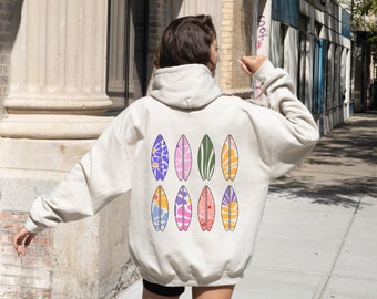 Surfboard Hoodie, Surf Pullover, Boho Retro Floral Sweatshirt, Beach Sweatshirt, Beach Lover Gift, Surfboard Flowers Sweatshirt, Boho Floral
