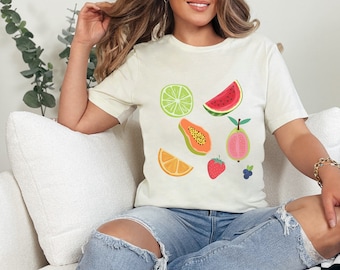 Fruit Collage T-Shirt, Fruit Tee, Watermelon Shirt, Fruity Graphic Tee, Gift for Her, Trendy Crewneck, Fruit Salad Shirt, Strawberry Shirt