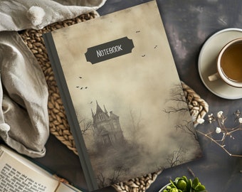 May include: A vintage-style notebook with a spooky, foggy image of a gothic mansion on the cover. The cover has a brown background with a black title that reads "Notebook".