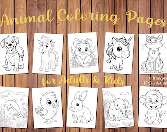 10 Coloring Pages for Adults & Kids, Digital and Printable Pages with Cute Animals, Easy and Relaxing Coloring Pages Bundle n. 01
