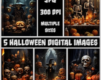 05 Halloween Scenes Printable Digital Art Bundle, Spooky Season Backgrounds, Wall Art & Digital Decorations, Scrapbooking and Junk Journal