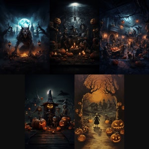 Halloween Scenes Set - Halloween Digital Art -  Halloween Wall Art Set  - Printable Wall Art - Werewolf Digital Art - Skeletons Digital Art