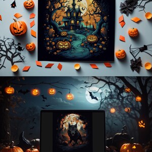 May include: A digital illustration of a spooky Halloween scene with a haunted house, a full moon, and jack-o'-lanterns. The scene is set in a dark forest with trees and bats.