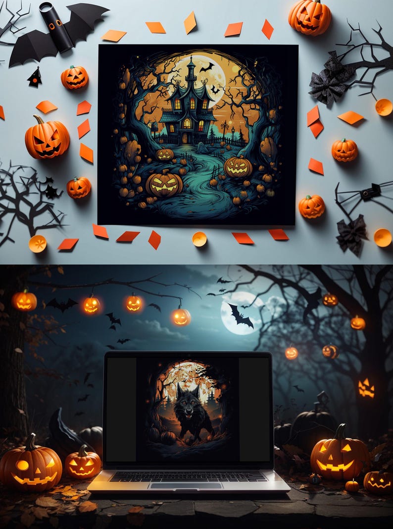 May include: A digital illustration of a spooky Halloween scene with a haunted house, a full moon, and jack-o'-lanterns. The scene is set in a dark forest with trees and bats.