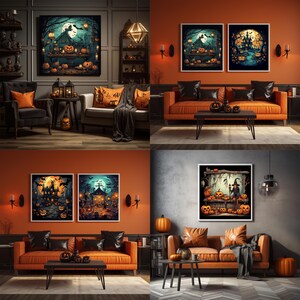 May include: Four different living room spaces decorated for Halloween. Each room features an orange couch, a coffee table, and a variety of Halloween-themed decorations, including pumpkins, candles, and artwork.