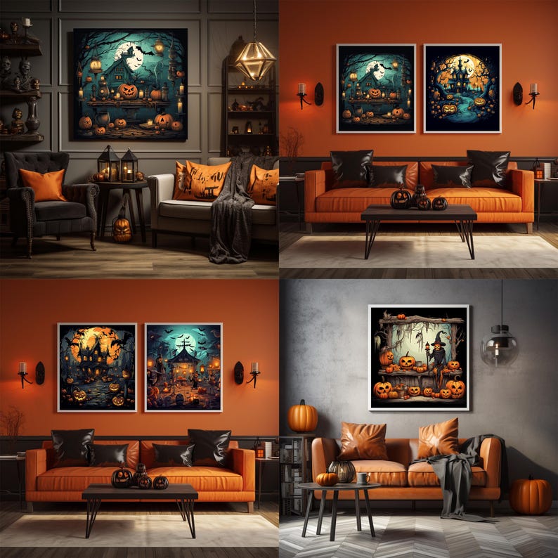 May include: Four different living room spaces decorated for Halloween. Each room features an orange couch, a coffee table, and a variety of Halloween-themed decorations, including pumpkins, candles, and artwork.