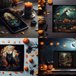 May include: Four digital illustrations featuring Halloween themes. The first image shows a phone screen displaying a spooky forest scene with a full moon and a wolf. The second image shows a laptop screen displaying a spooky house with a full moon and bats. The third image shows a phone screen displaying a spooky forest scene with a full moon and a wolf. The fourth image shows a laptop screen displaying a spooky house with a full moon and bats.