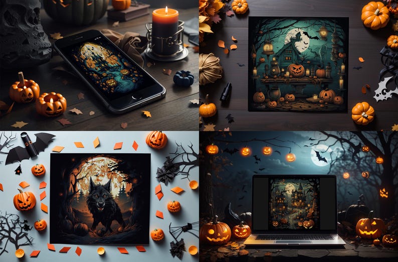 May include: Four digital illustrations featuring Halloween themes. The first image shows a phone screen displaying a spooky forest scene with a full moon and a wolf. The second image shows a laptop screen displaying a spooky house with a full moon and bats. The third image shows a phone screen displaying a spooky forest scene with a full moon and a wolf. The fourth image shows a laptop screen displaying a spooky house with a full moon and bats.