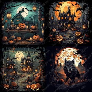 May include: Four digital illustrations of Halloween scenes. The first scene shows a spooky house with a jack-o-lantern on a table with other pumpkins. The second scene shows a spooky house with a full moon and pumpkins. The third scene shows a spooky house with a full moon and a path leading to the house. The fourth scene shows a black wolf howling at the moon with pumpkins in the foreground.