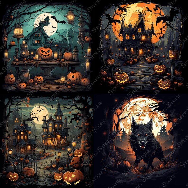 May include: Four digital illustrations of Halloween scenes. The first scene shows a spooky house with a jack-o-lantern on a table with other pumpkins. The second scene shows a spooky house with a full moon and pumpkins. The third scene shows a spooky house with a full moon and a path leading to the house. The fourth scene shows a black wolf howling at the moon with pumpkins in the foreground.
