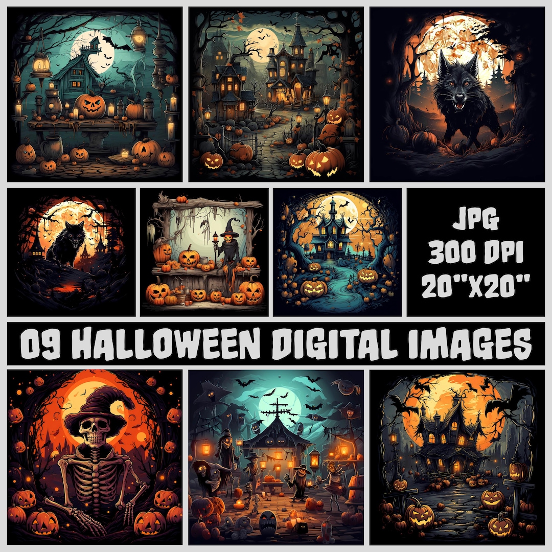 09 Halloween Scenes Printable Digital Art Bundle, Spooky Season ...