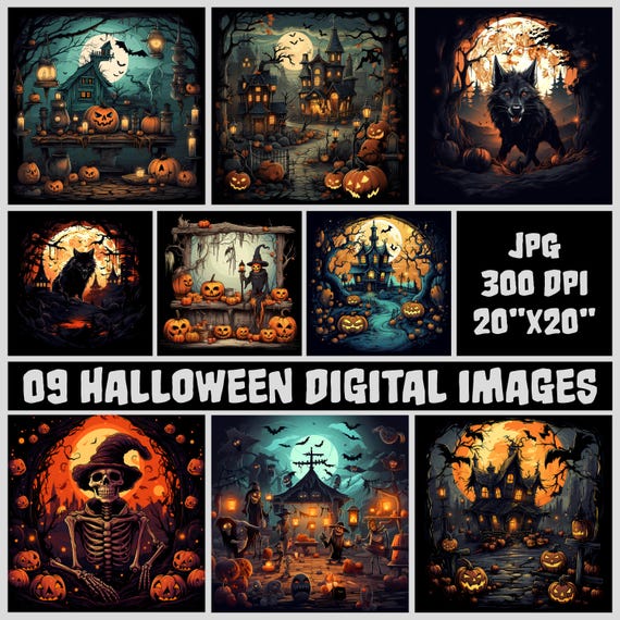 09 Halloween Scenes Printable Digital Art Bundle, Spooky Season Backgrounds Collection, Wall Art & Digital Decorations