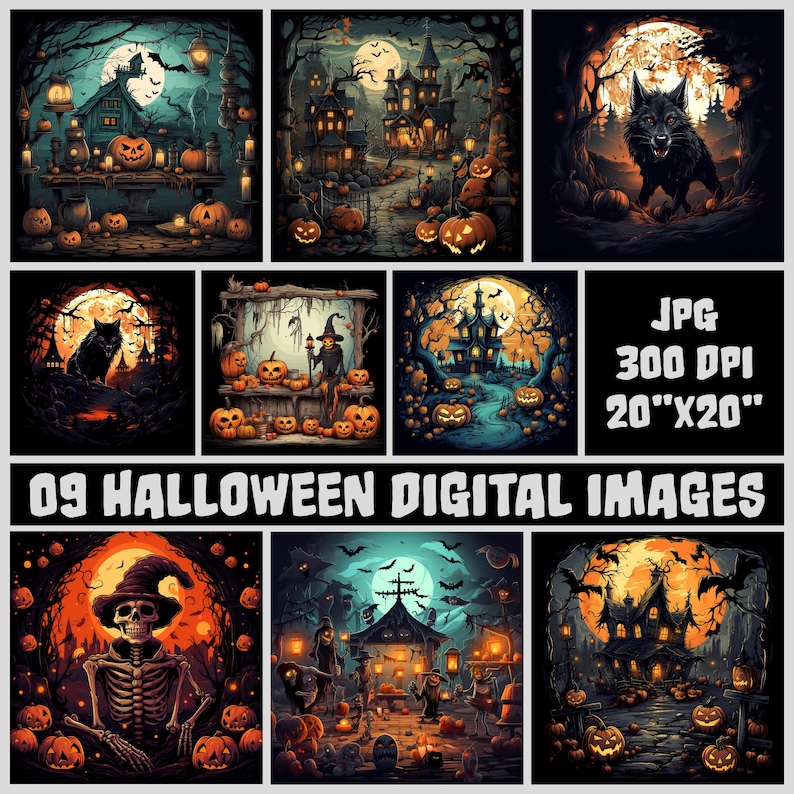 May include: Nine digital images featuring Halloween themes. The images include a haunted house, a spooky forest, a skeleton, a witch, a black cat, a wolf, and pumpkins. The images are in a dark, moody style and are perfect for Halloween decorations or crafts.