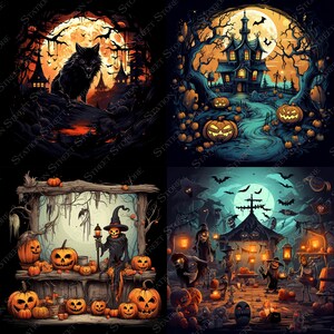 May include: Four different Halloween themed illustrations. The first shows a black wolf howling at the moon in a dark forest. The second shows a spooky house with a full moon in the background. The third shows a spooky scarecrow selling pumpkins. The fourth shows a spooky carnival with a full moon in the background.