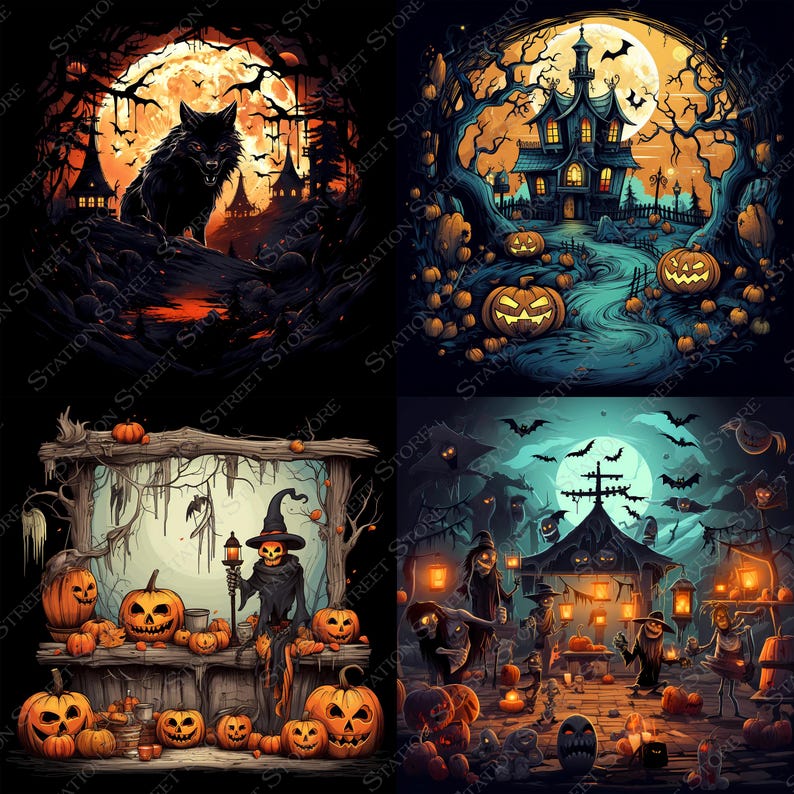 May include: Four different Halloween themed illustrations. The first shows a black wolf howling at the moon in a dark forest. The second shows a spooky house with a full moon in the background. The third shows a spooky scarecrow selling pumpkins. The fourth shows a spooky carnival with a full moon in the background.