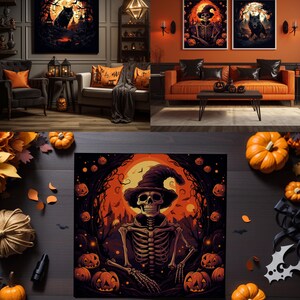 May include: A digital illustration of a skeleton wearing a witch's hat and sitting amongst pumpkins in a dark forest. The skeleton is surrounded by glowing orange orbs and a full moon.