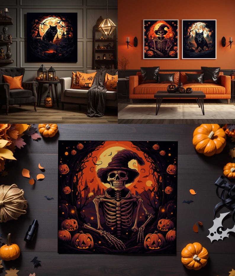 May include: A digital illustration of a skeleton wearing a witch's hat and sitting amongst pumpkins in a dark forest. The skeleton is surrounded by glowing orange orbs and a full moon.