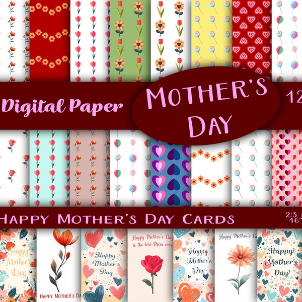 Mother's Day Digital Papers - Happy Mother's Day Cards - Wrapping Paper - Printable Greeting Cards & Wrapping Paper - Seamless Pattern