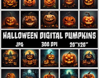 20 Halloween Pumpkins Digital Printable Wall Art Bundle, Spooky Season Decorations, Scrapbooking and Junk Journal, Instant Download