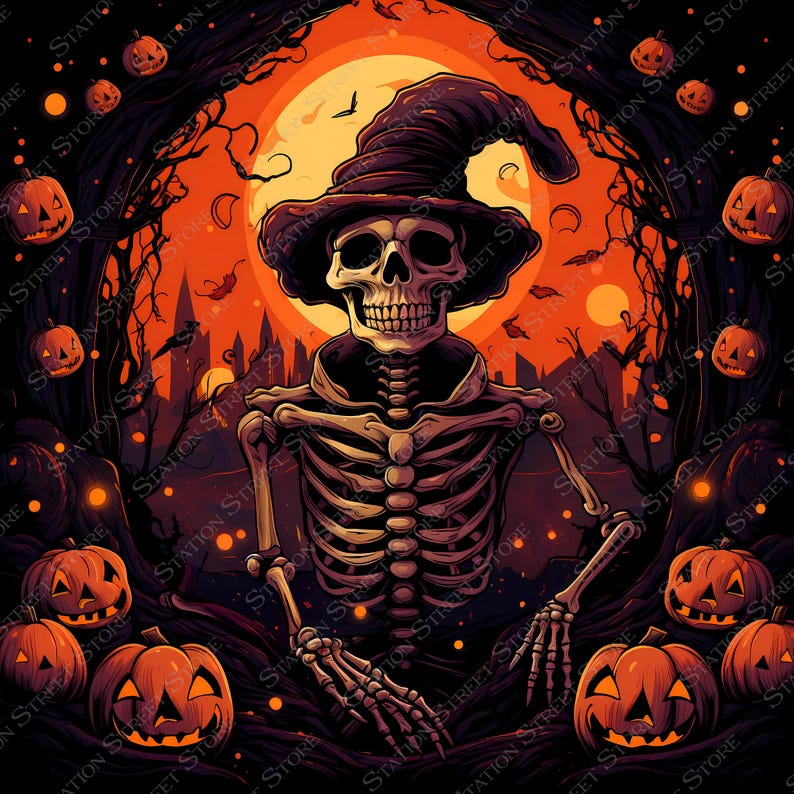 May include: A skeleton wearing a witch's hat and robe stands in front of a spooky Halloween scene with a full moon and jack-o'-lanterns.