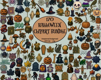 170 Halloween Clipart Bundle, Spooky PNG Digital Images for DIY, Invitations, Scrapbooking, Printables, Instant Download.