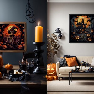 May include: A Halloween-themed living room with a white couch, a black coffee table, and a black candle holder with a lit candle. There are several orange pumpkins on the floor and a framed print of a spooky house with a full moon and bats.