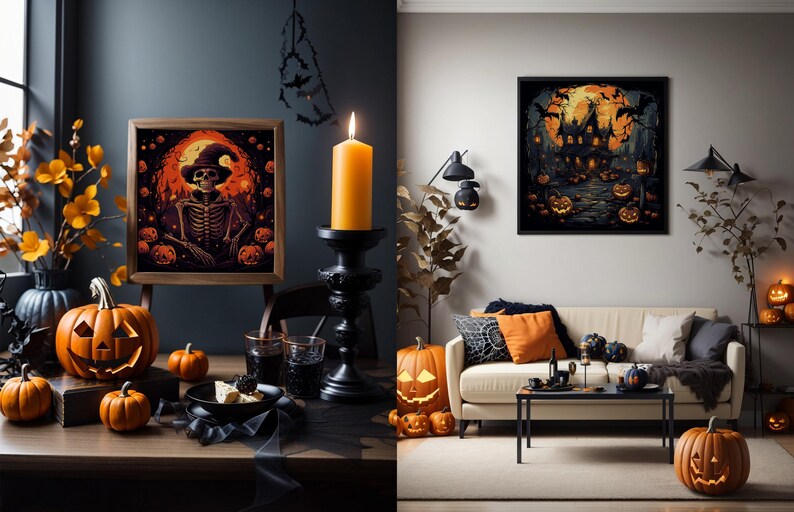 May include: A Halloween-themed living room with a white couch, a black coffee table, and a black candle holder with a lit candle. There are several orange pumpkins on the floor and a framed print of a spooky house with a full moon and bats.