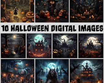 10 Halloween Scenes Printable Digital Art Bundle, Spooky Characters & Backgrounds Collection, Wall Art and Digital Decorations
