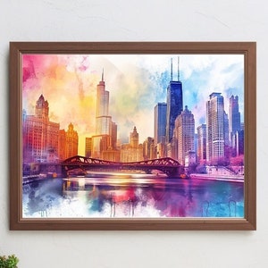 Kleurrijke Chicago River aquarel schilderij landschap stad kunst digitale downloadbare print poster afdrukbare wand decor kantoor thuis cadeau