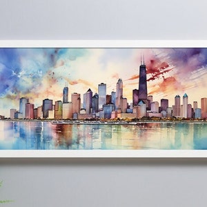 Chicago Skyline Watercolor Painting Landscape City Art Digital Print Poster Printable Wall Décor