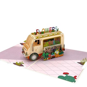 Pop Up Greeting Card Blooming Flower Van Adventure Flower Vehicle Card Floral card Nature Lover Card Nature Card Classic Spring Vehicle Card