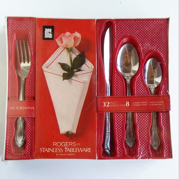 New Rogers Company Stainless Steel 32 piece Victorianna Flatware Set by Stanley Roberts Sealed Service for 8 Eight