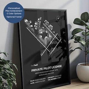 Puede incluir: Impresión en blanco y negro enmarcada de una licencia de piloto privado. La impresión presenta un diagrama del aeropuerto, el texto "PRIVATE PILOT LICENSE" e información del piloto. La impresión se muestra sobre una superficie de madera.
