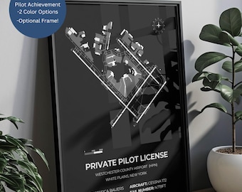 Stampa incorniciata personalizzata con licenza di pilota: regalo di aviazione con diagramma aeroportuale personalizzato