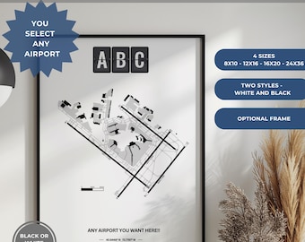 Custom Airport Map Print, ANY AIRPORT, Personalized Aviation Decor, Framed or Unframed Pilot Gift, Detailed Custom Airport Diagram