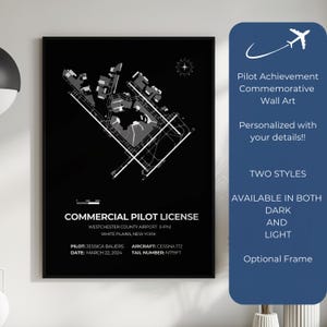 May include: Black and white wall art featuring an aerial view of Westchester County Airport (HPN) in White Plains, New York. The text reads "Commercial Pilot License" with pilot details. A blue sidebar advertises "Pilot Achievement Commemorative Wall Art."