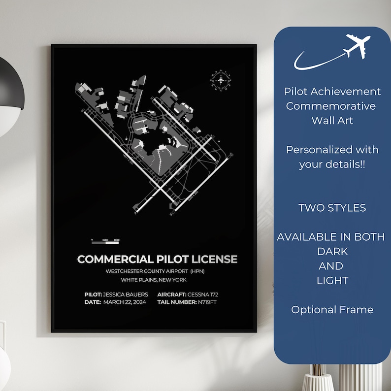May include: Black and white wall art featuring an aerial view of Westchester County Airport (HPN) in White Plains, New York. The text reads "Commercial Pilot License" with pilot details. A blue sidebar advertises "Pilot Achievement Commemorative Wall Art."