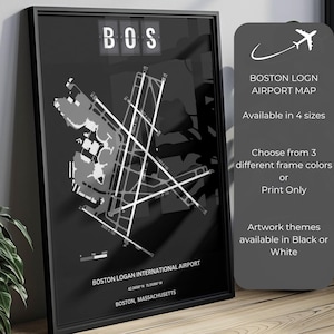 May include: Black and white airport map print of Boston Logan International Airport with the airport code "BOS" displayed at the top. The map shows the airport layout with runways and taxiways. The text "BOSTON LOGAN INTERNATIONAL AIRPORT" and "BOSTON, MASSACHUSETTS" is displayed at the bottom of the map.