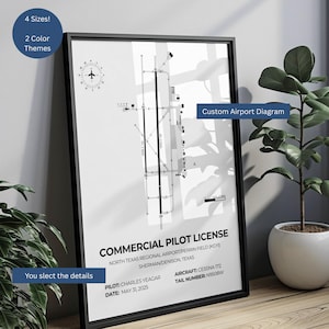 May include: Framed black and white print of a custom airport diagram. The print includes the text "Commercial Pilot License" and details such as the airport name, pilot's name, aircraft type, and date. The image also includes text that says "4 Sizes! 2 Color Themes" and "You select the details."