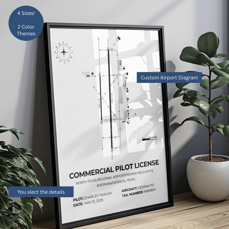 May include: Framed black and white print of a custom airport diagram. The print includes the text "Commercial Pilot License" and details such as the airport name, pilot's name, aircraft type, and date. The image also includes text that says "4 Sizes! 2 Color Themes" and "You select the details."
