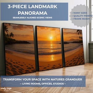 May include: A three-piece panoramic print set featuring a sunset over a beach with palm trees. The print set is framed and ready to hang. The text on the image reads "3-Piece Landmark Panorama Seamlessly Aligned Scenic Views" and "Many Sizes, Quality Prints, Frame Ready".