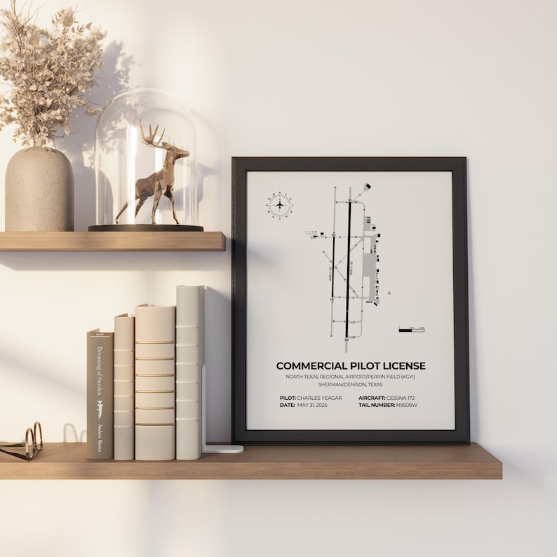 May include: A framed black and white print of a commercial pilot license. The print includes an airport diagram, pilot information, and aircraft details. The text reads "COMMERCIAL PILOT LICENSE" and lists the airport location, pilot's name, date, aircraft type, and tail number.