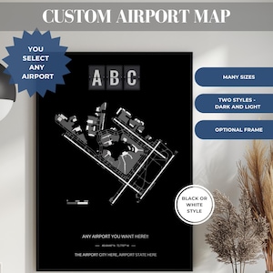Custom Airport Print Map, ANY AIRPORT, Personalized Aviation Decor, Framed or Unframed Pilot Gift, Detailed Custom Airport Diagram